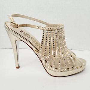 E! Live From The Red Carpet 7.5B Tan/Gold Rhinestone Strappy Heel Leather Bling